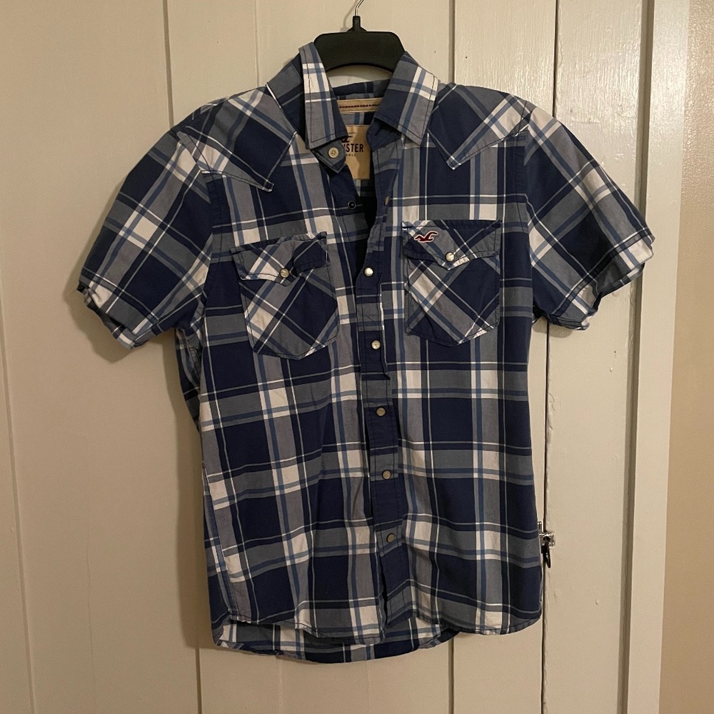 Hollister Mens Western Cowboy Shirt Blue Plaid Short Sleeve Pearl Snap Cotton